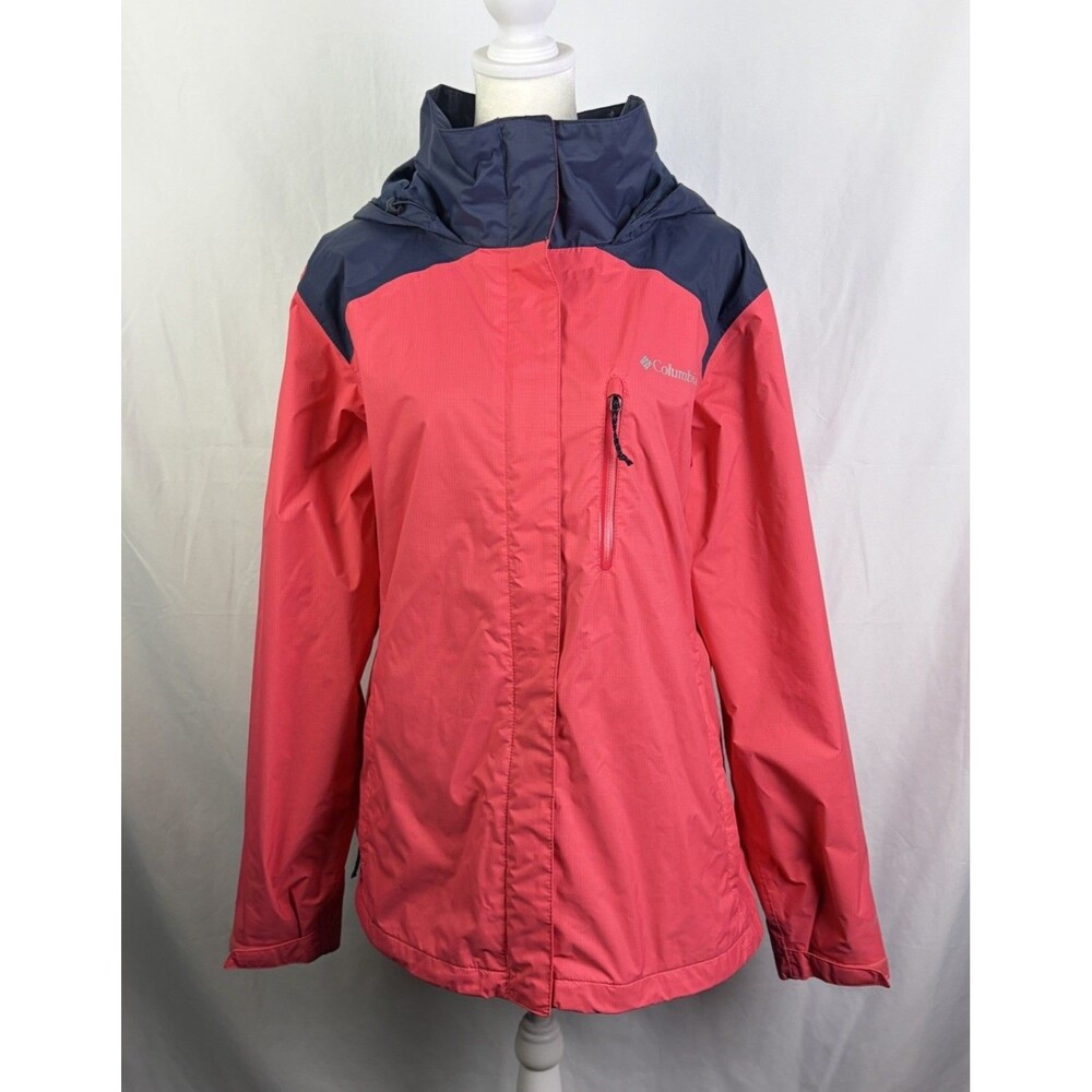 Columbia Jacket Women XL Omni Tech Windbreaker Rain Coat Packable Pink Blue GUC